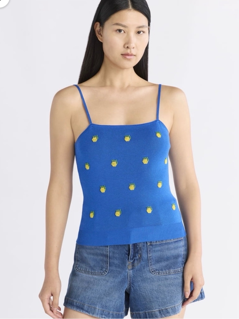 NWT! Free Assembly Women's Beaded Tank Top Sweater in blue with Lemon Motifs Sml